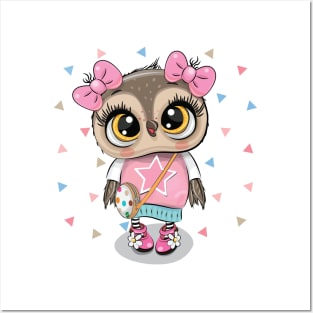 Cute little owl with bows and purse Posters and Art